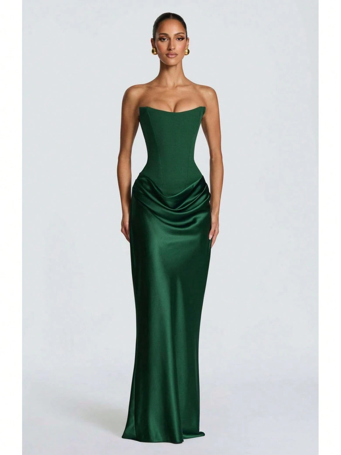 Women's Strapless Corset Satin Maxi Dress With Choker Detail, Ruched Waist Formal Evening Gown, Multi-Color Options