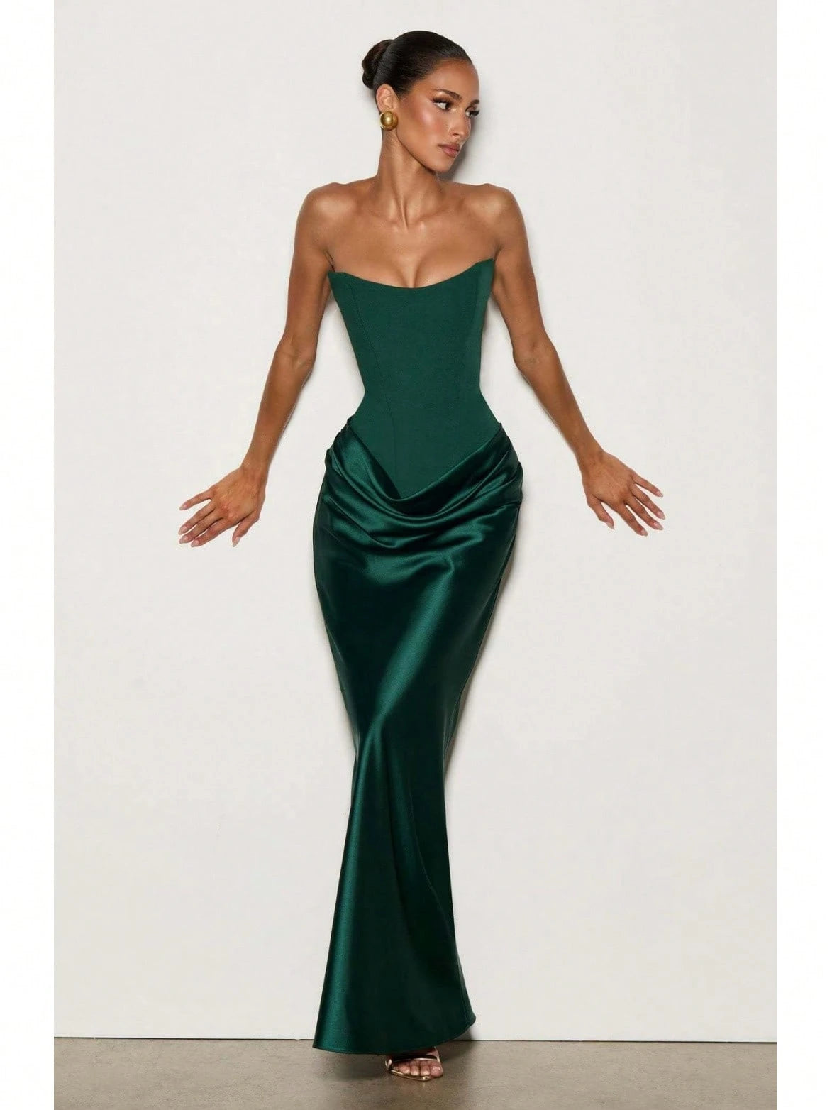 Women's Strapless Corset Satin Maxi Dress With Choker Detail, Ruched Waist Formal Evening Gown, Multi-Color Options