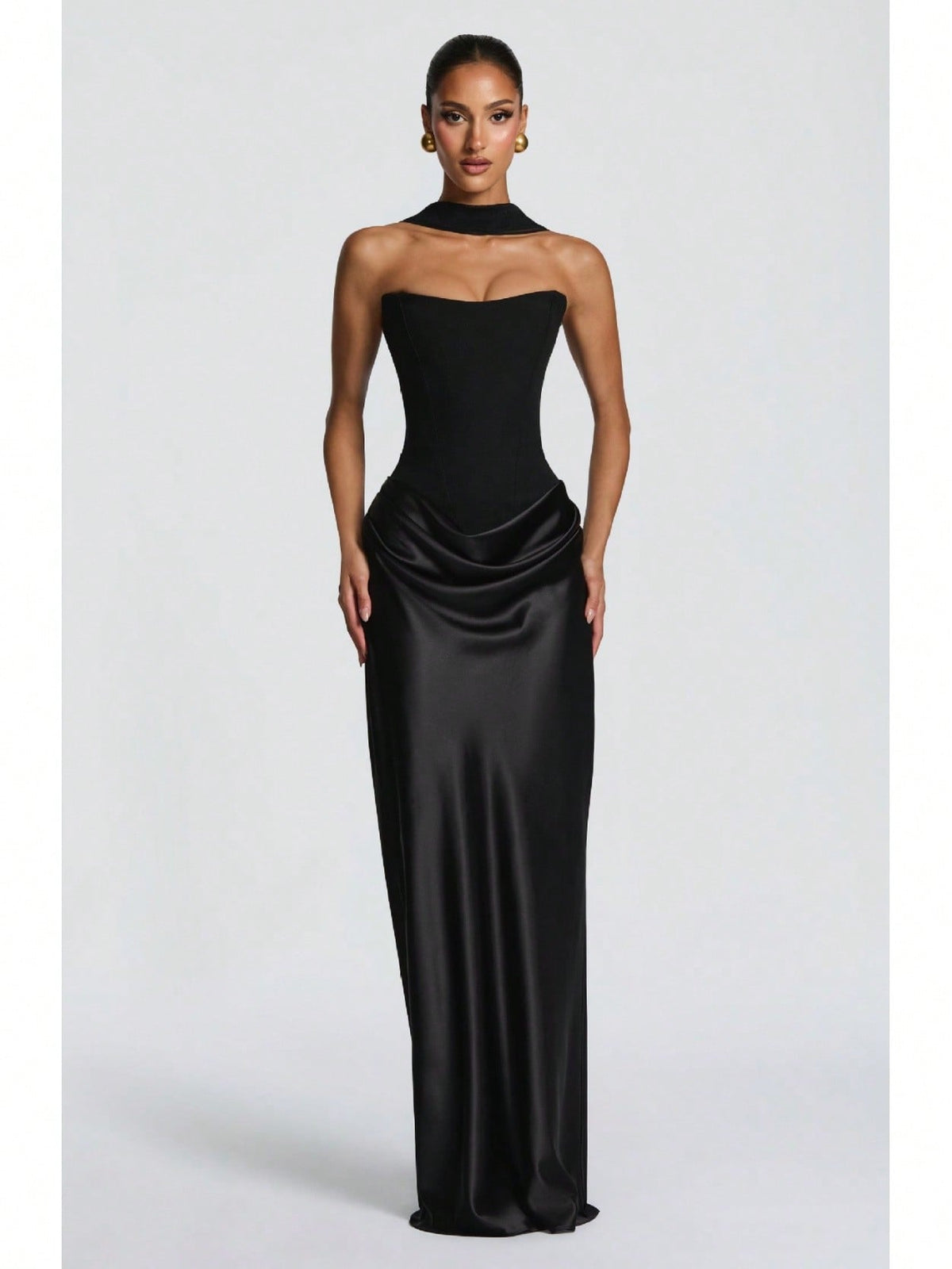 Women's Strapless Corset Satin Maxi Dress With Choker Detail, Ruched Waist Formal Evening Gown, Multi-Color Options
