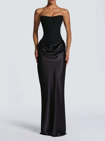 Women's Strapless Ruched Formal Gown, High Side Slit, Draped Waist Detail, Slimming Fit, Minimalist Elegant Vibe, Perfect For Formal Events Weddings