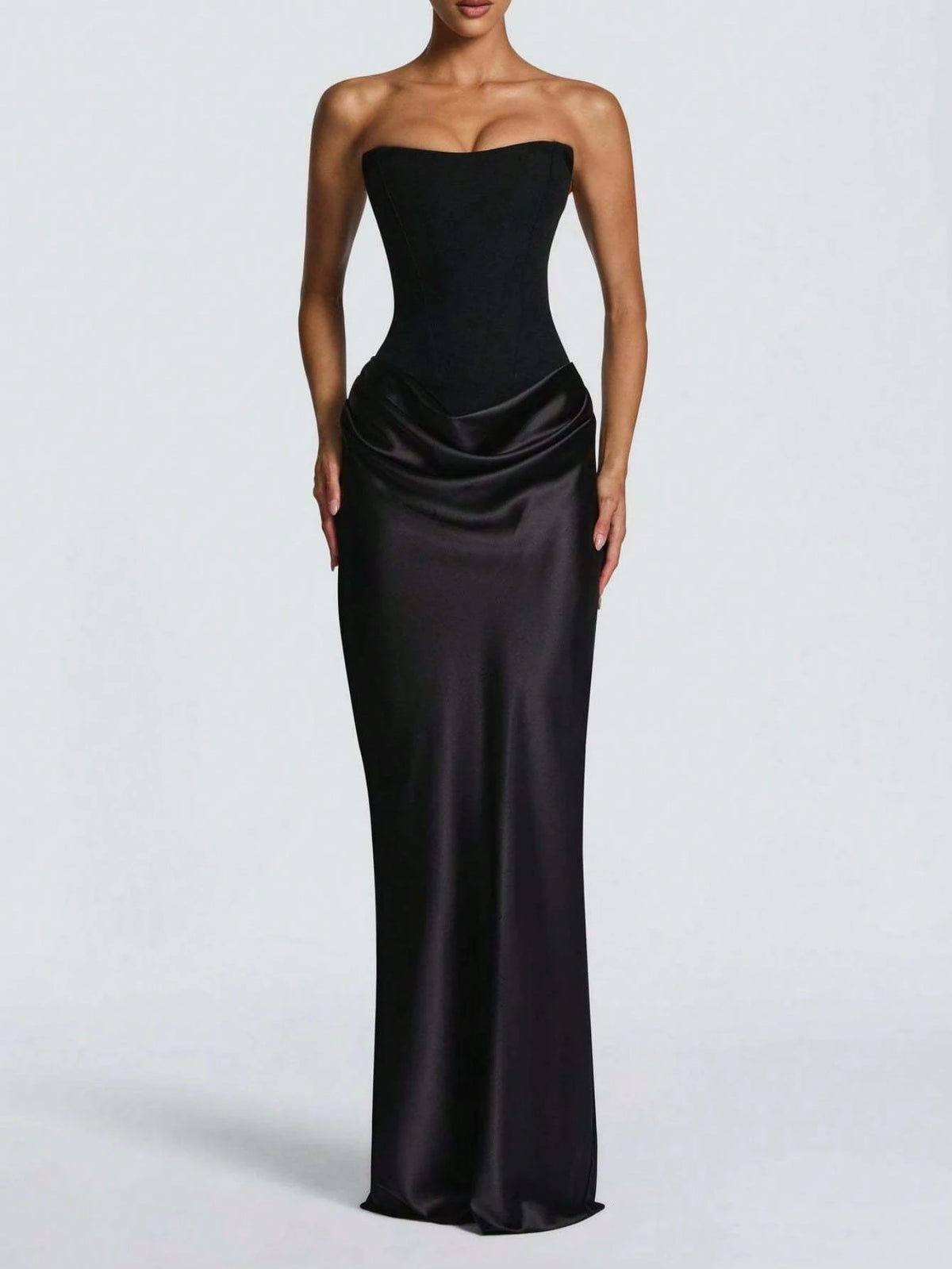 Women's Strapless Ruched Formal Gown, High Side Slit, Draped Waist Detail, Slimming Fit, Minimalist Elegant Vibe, Perfect For Formal Events Weddings