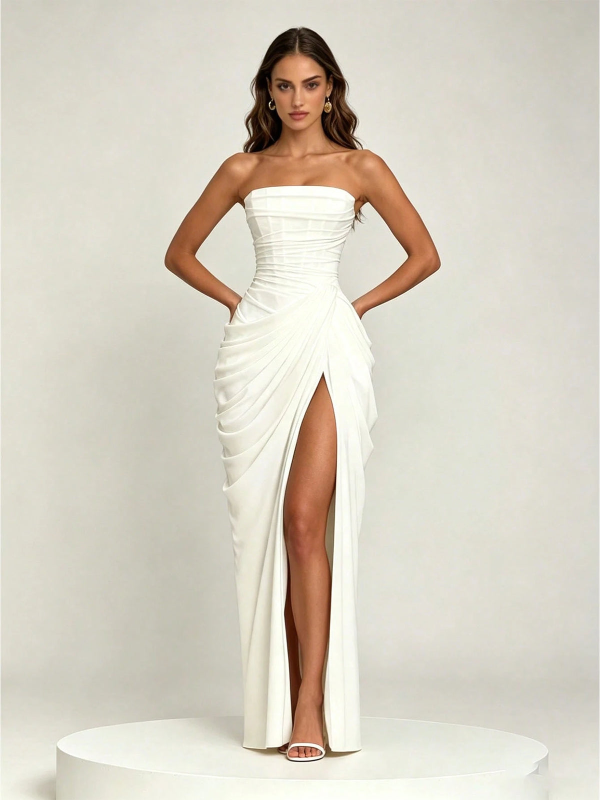Women's Strapless Ruched Formal Gown, High Side Slit, Draped Waist Detail, Slimming Fit, Minimalist Elegant Vibe, Perfect For Formal Events Weddings