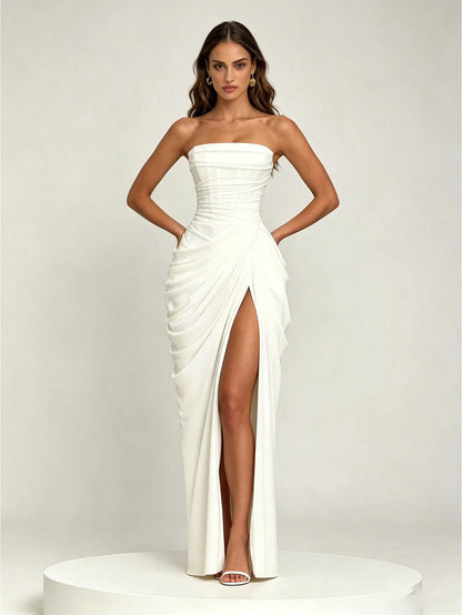 Women's Strapless Ruched Formal Gown, High Side Slit, Draped Waist Detail, Slimming Fit, Minimalist Elegant Vibe, Perfect For Formal Events Weddings