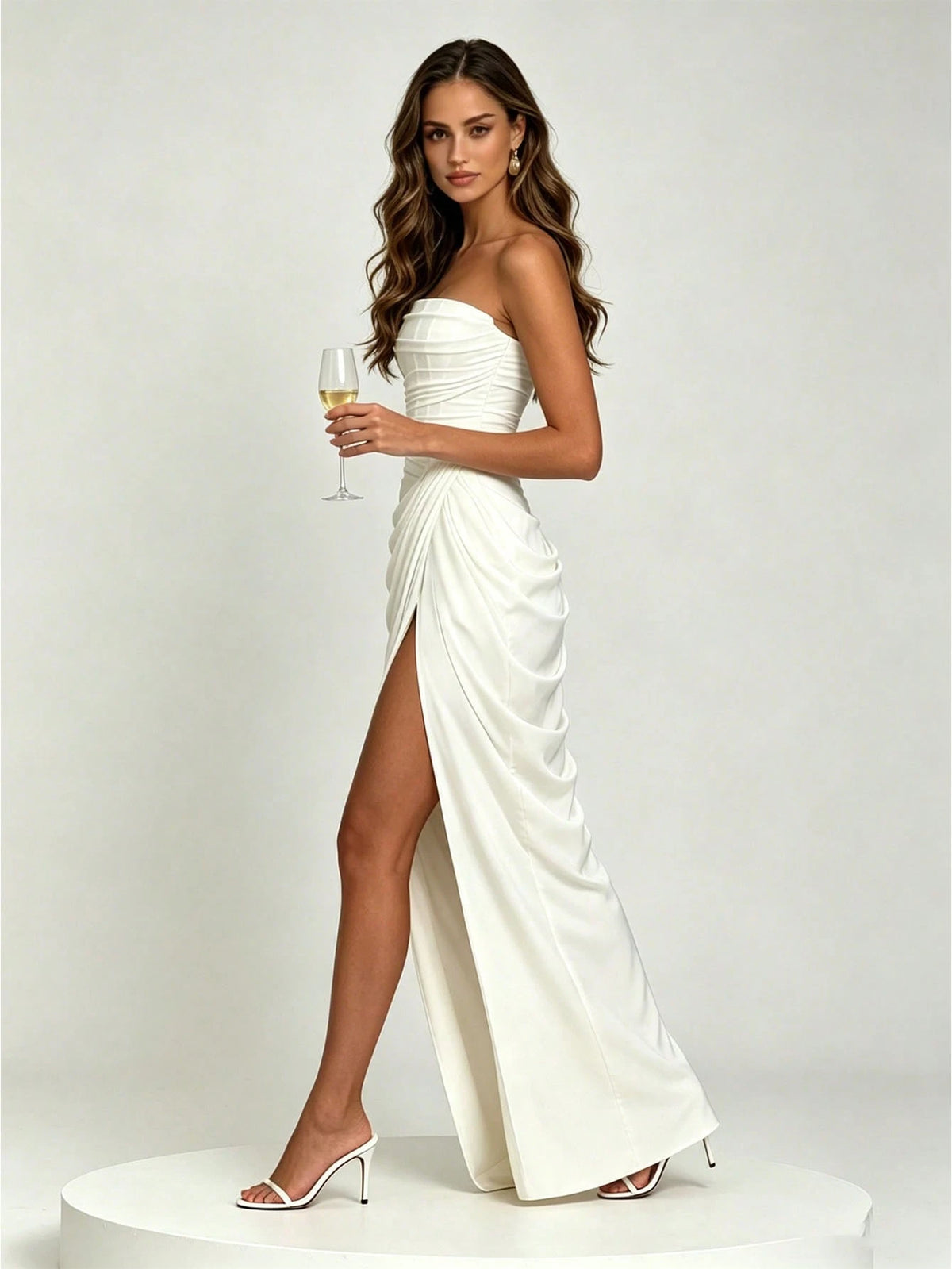 Women's Strapless Ruched Formal Gown, High Side Slit, Draped Waist Detail, Slimming Fit, Minimalist Elegant Vibe, Perfect For Formal Events Weddings
