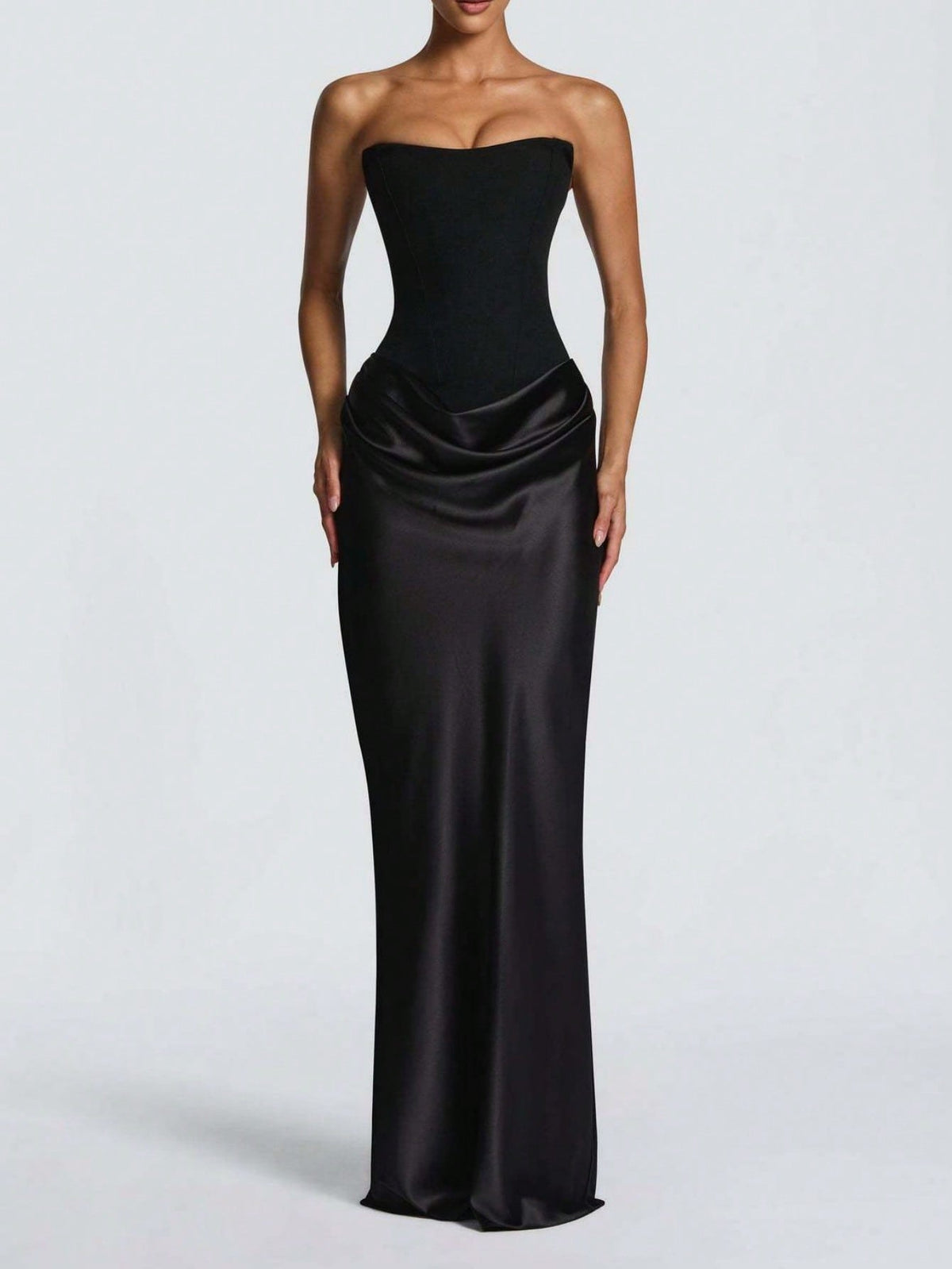 Women's Strapless Ruched Formal Gown, High Side Slit, Draped Waist Detail, Slimming Fit, Minimalist Elegant Vibe, Perfect For Formal Events Weddings