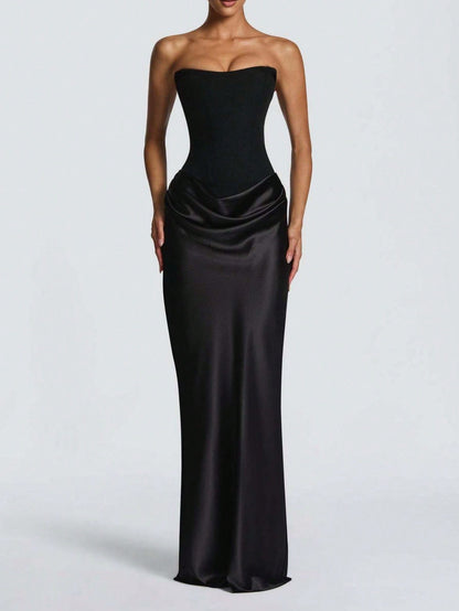 Women's Strapless Ruched Formal Gown, High Side Slit, Draped Waist Detail, Slimming Fit, Minimalist Elegant Vibe, Perfect For Formal Events Weddings
