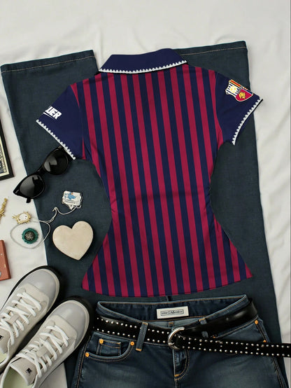Women's Striped Letter Print Casual Versatile Daily Wear T-Shirt, Summer