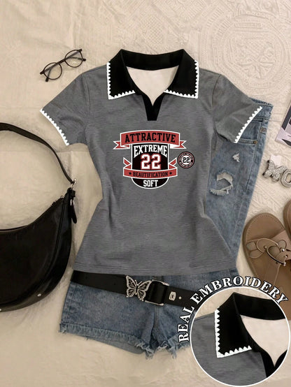 Women's Striped Letter Print Casual Versatile Daily Wear T-Shirt, Summer