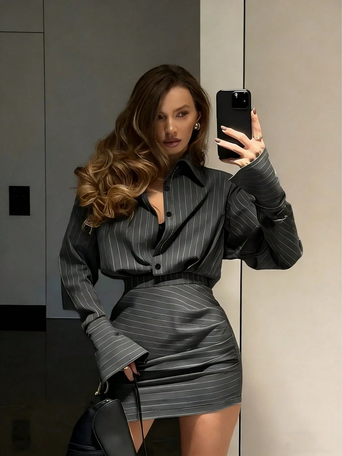 Women's Striped Long Sleeve Shirt Dress, Collared, Non-Stretch Fabric, Short Length Spring Elegant