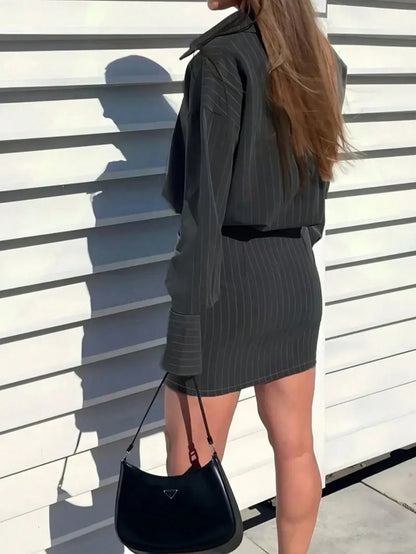Women's Striped Long Sleeve Shirt Dress, Collared, Non-Stretch Fabric, Short Length Spring Elegant