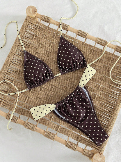 Women's Striped Print Halter Tie Two Pieces Swimsuit, Sexy Fashion Minimalist, Suitable For Young Girls, Beach Vacation, Travel And Dating Summer