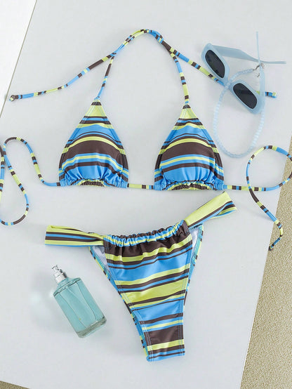 Women's Striped Print Halter Tie Two Pieces Swimsuit, Sexy Fashion Minimalist, Suitable For Young Girls, Beach Vacation, Travel And Dating Summer