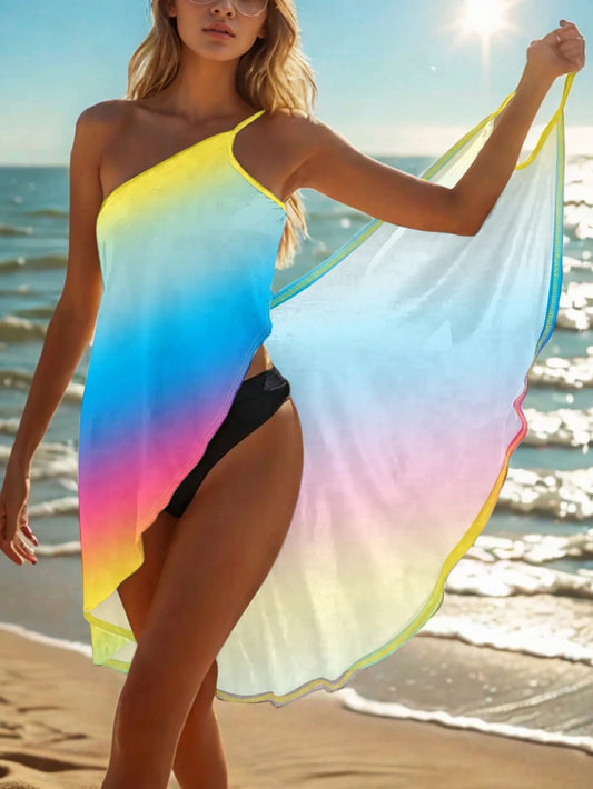 Women's Summer Beach Cover-Up Dress, Rainbow Ombre V-Neck Criss-Cross Front, Asymmetric Asymmetrical Hem Beach Smock Vacation