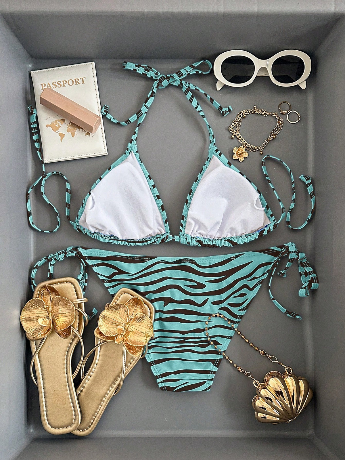 Women's Summer Beach Vacation Holiday Vacation Zebra Print Spaghetti Strap Bikini And Triangle Panty Swimwear Set Holiday Brown Zebra Print Casual