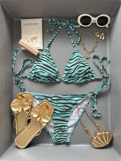 Women's Summer Beach Vacation Holiday Vacation Zebra Print Spaghetti Strap Bikini And Triangle Panty Swimwear Set Holiday Brown Zebra Print Casual