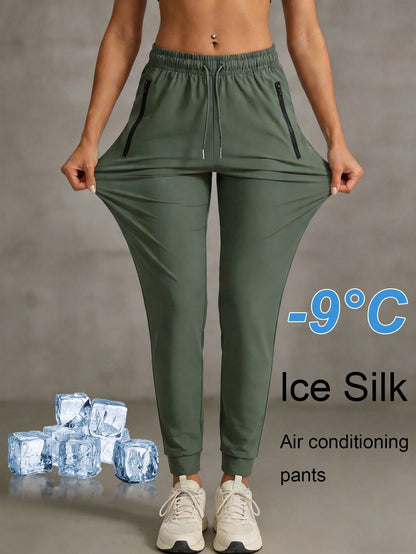 Women's Summer Ice Silk Breathable Running Pants, Quick-Dry Lightweight Sports Pants With Zipper Pockets & Elastic Waistband For Fitness & Jogging Spring