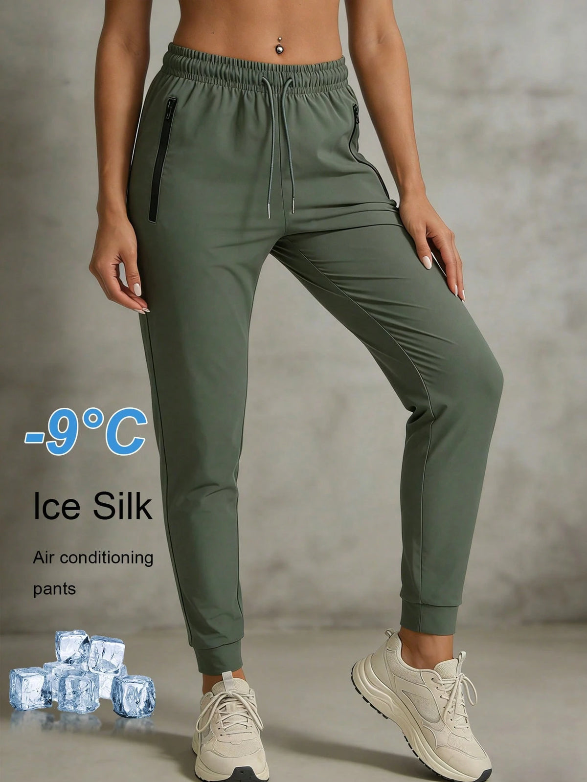 Women's Summer Ice Silk Breathable Running Pants, Quick-Dry Lightweight Sports Pants With Zipper Pockets & Elastic Waistband For Fitness & Jogging Spring