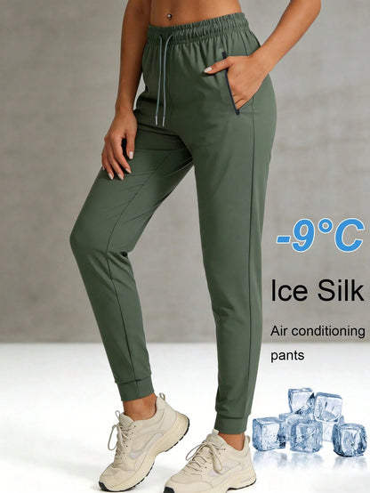 Women's Summer Ice Silk Breathable Running Pants, Quick-Dry Lightweight Sports Pants With Zipper Pockets & Elastic Waistband For Fitness & Jogging Spring