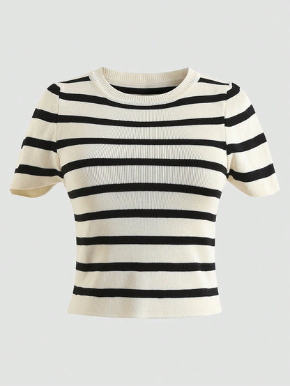 Women's Summer Striped Short Sleeve Casual Knit Cropped T-Shirt