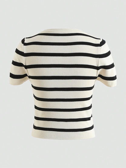 Women's Summer Striped Short Sleeve Casual Knit Cropped T-Shirt