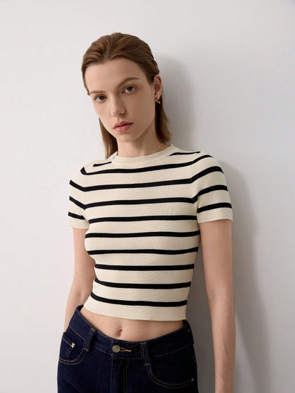 Women's Summer Striped Short Sleeve Casual Knit Cropped T-Shirt