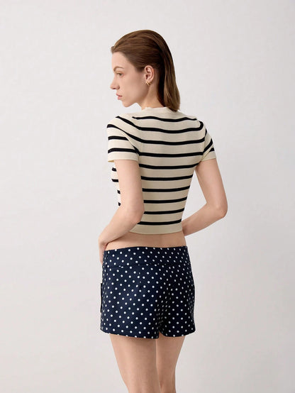 Women's Summer Striped Short Sleeve Casual Knit Cropped T-Shirt