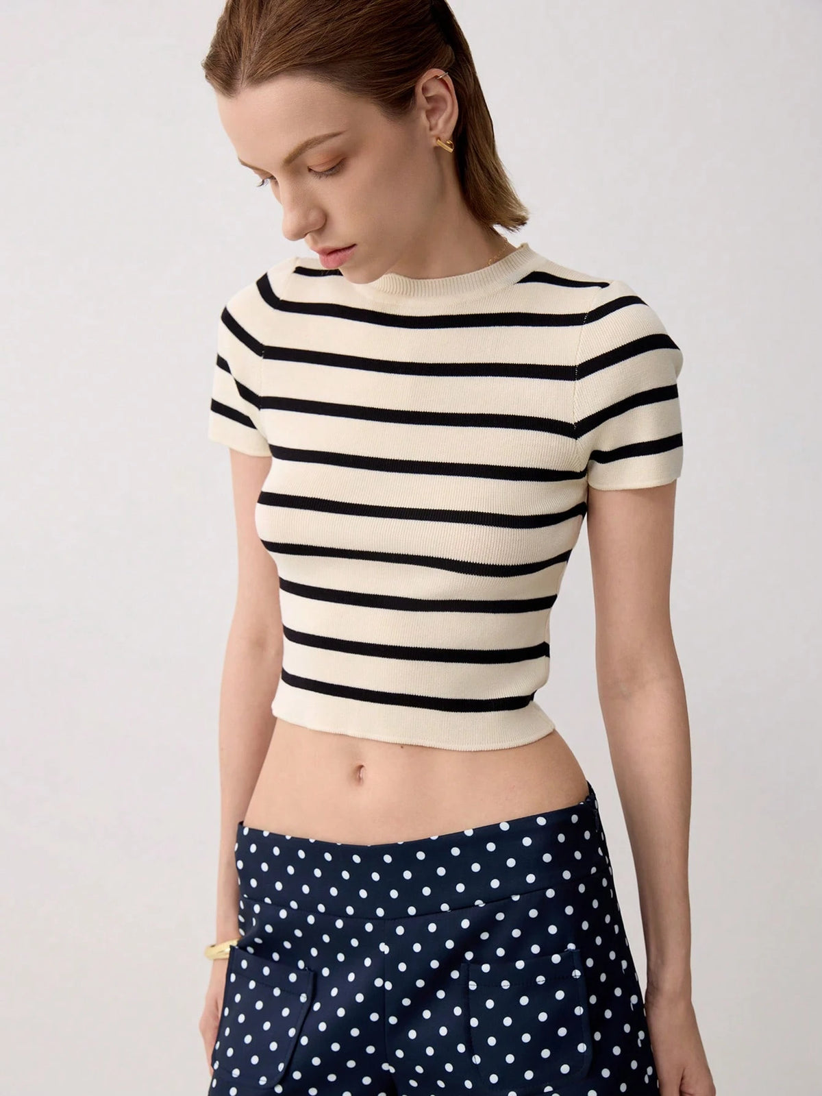 Women's Summer Striped Short Sleeve Casual Knit Cropped T-Shirt