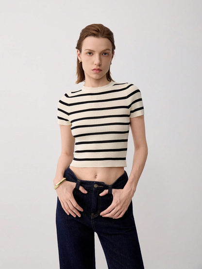 Women's Summer Striped Short Sleeve Casual Knit Cropped T-Shirt