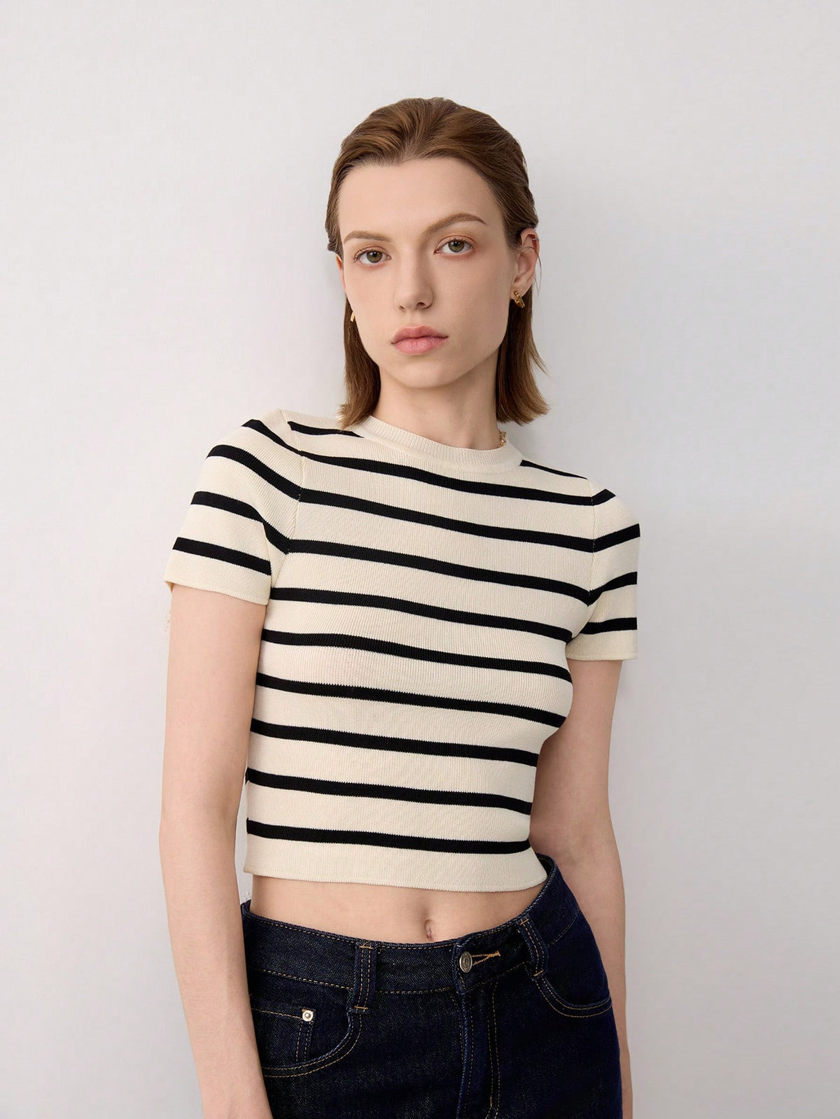 Women's Summer Striped Short Sleeve Casual Knit Cropped T-Shirt