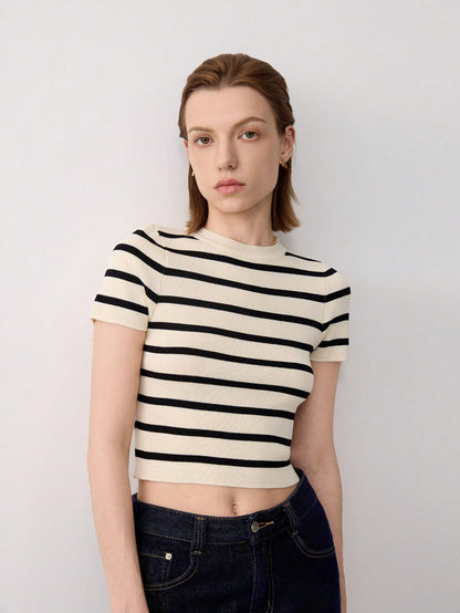Women's Summer Striped Short Sleeve Casual Knit Cropped T-Shirt