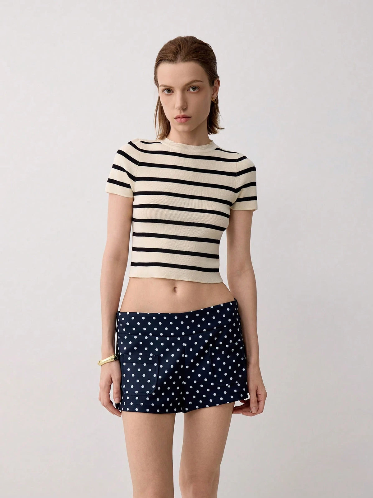 Women's Summer Striped Short Sleeve Casual Knit Cropped T-Shirt