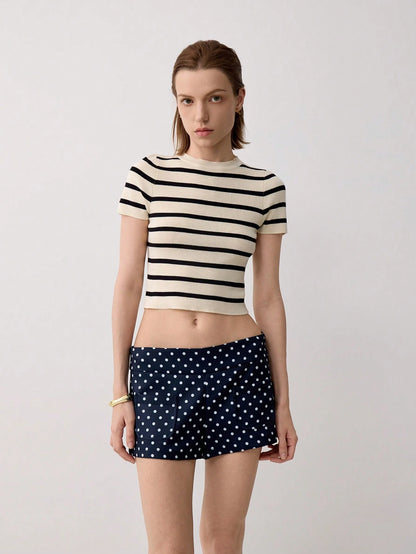 Women's Summer Striped Short Sleeve Casual Knit Cropped T-Shirt