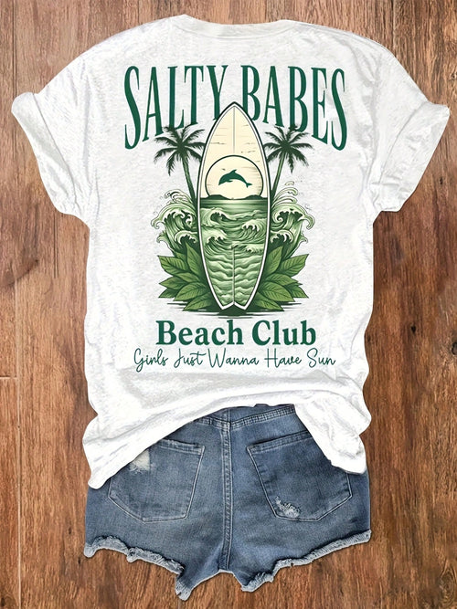 Women's Surfboard Vacation Print Round-Neck T-Shirts, Casual Vacation Women's Short-Sleeve Tops, Women's Clothing Made Of Pure Cotton