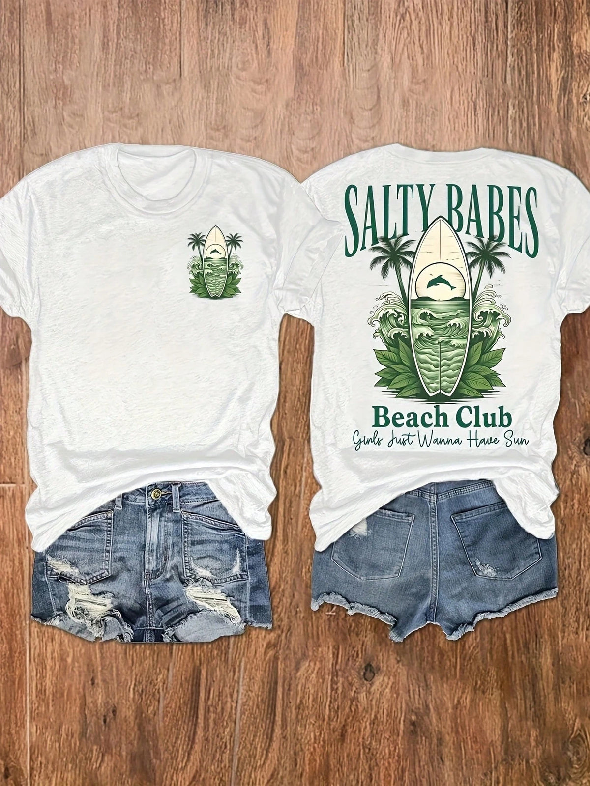 Women's Surfboard Vacation Print Round-Neck T-Shirts, Casual Vacation Women's Short-Sleeve Tops, Women's Clothing Made Of Pure Cotton