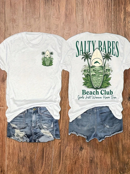 Women's Surfboard Vacation Print Round-Neck T-Shirts, Casual Vacation Women's Short-Sleeve Tops, Women's Clothing Made Of Pure Cotton