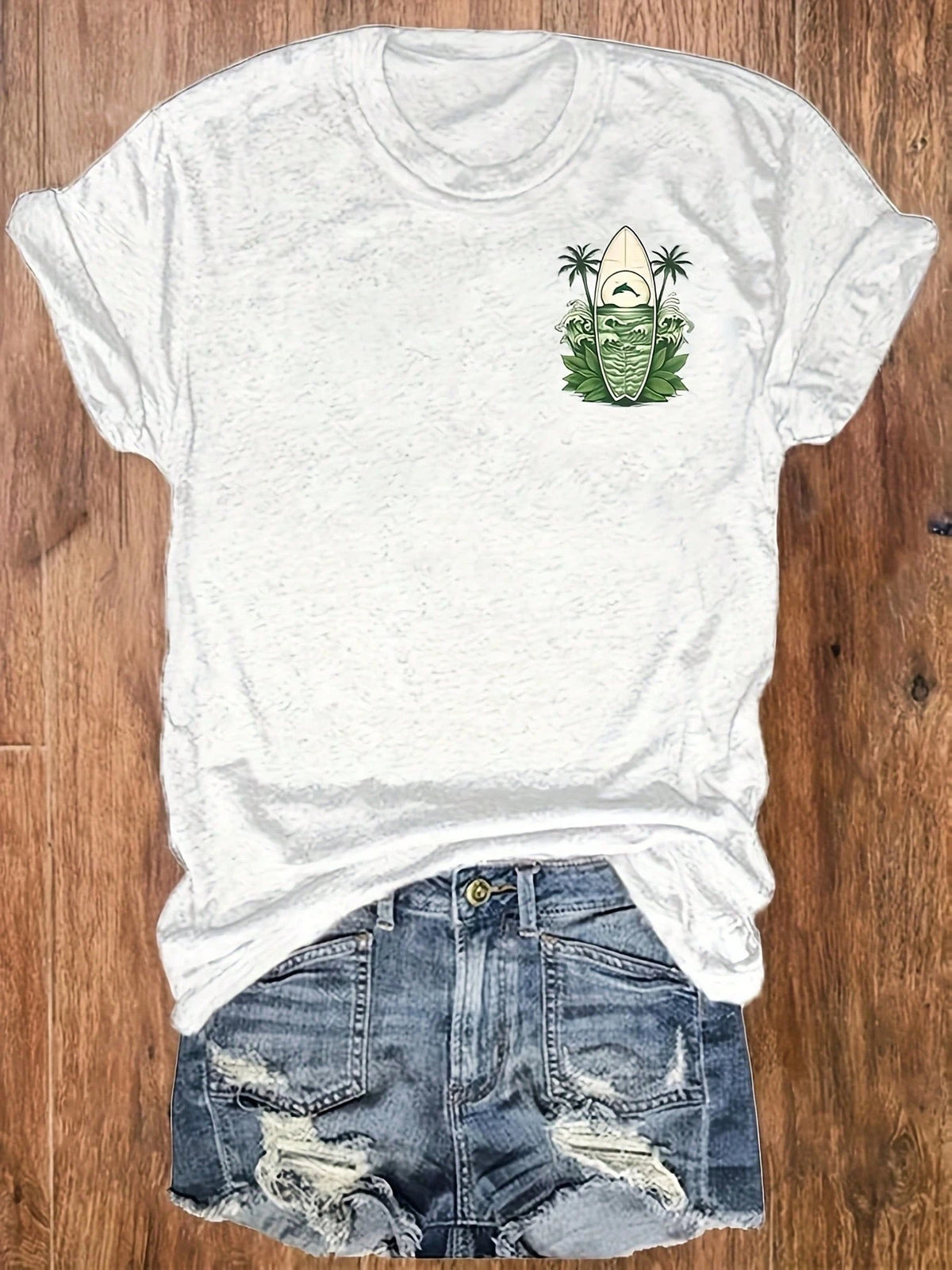 Women's Surfboard Vacation Print Round-Neck T-Shirts, Casual Vacation Women's Short-Sleeve Tops, Women's Clothing Made Of Pure Cotton