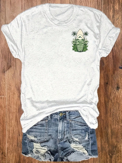 Women's Surfboard Vacation Print Round-Neck T-Shirts, Casual Vacation Women's Short-Sleeve Tops, Women's Clothing Made Of Pure Cotton