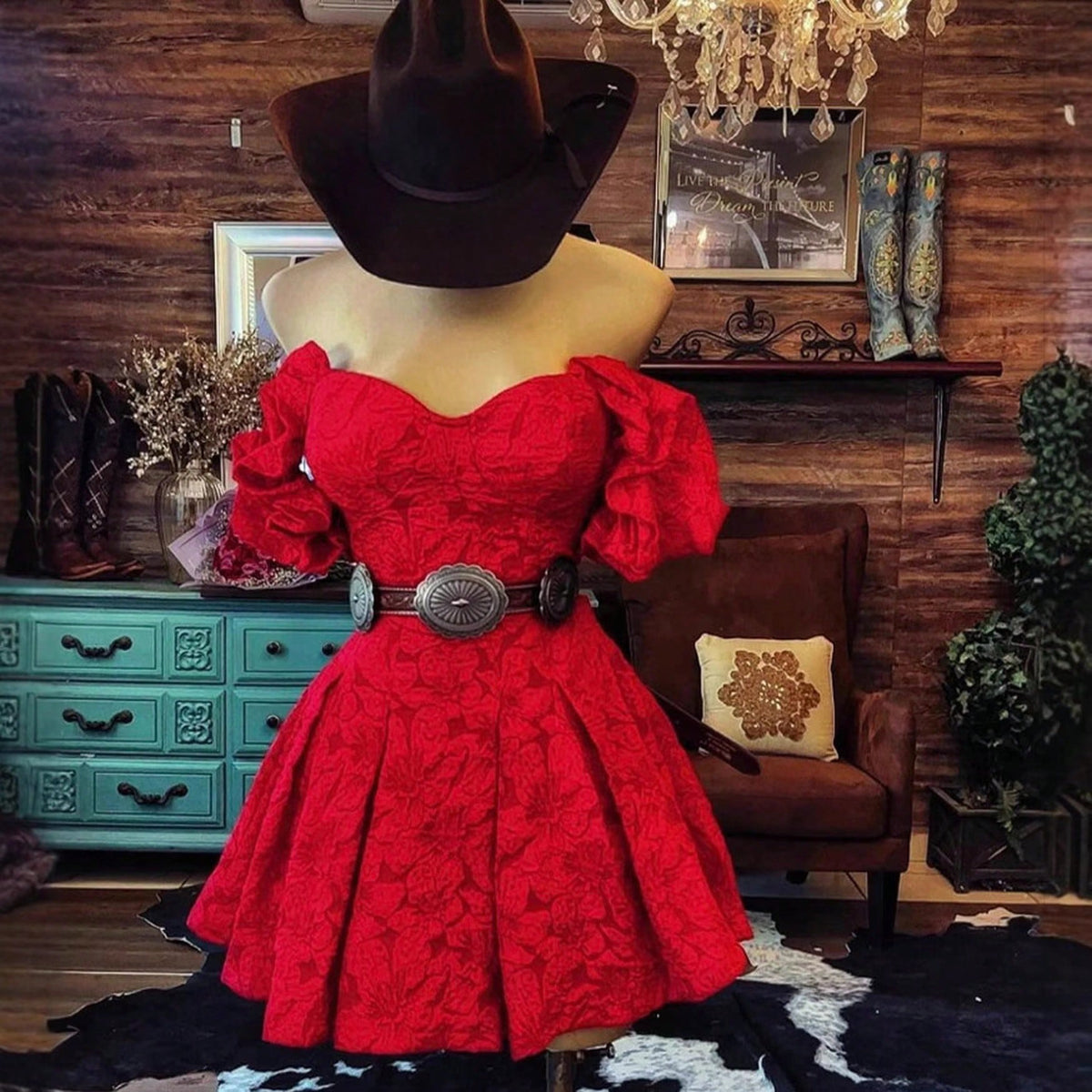 Women's Sweetheart Puff-Sleeve Mini- Textured Fabric, Corset Bodice & Wide Concho Belt, Great For Country.