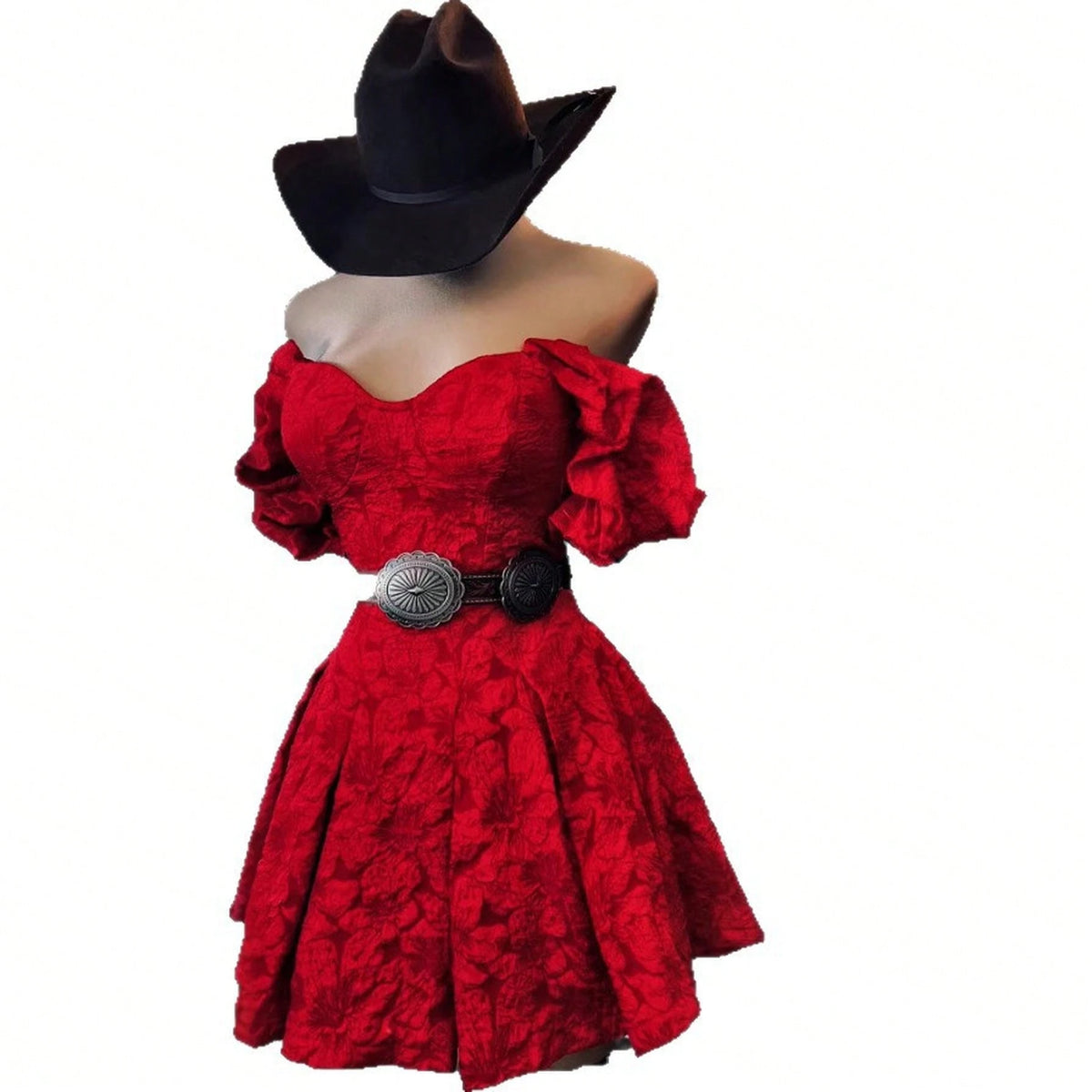 Women's Sweetheart Puff-Sleeve Mini- Textured Fabric, Corset Bodice & Wide Concho Belt, Great For Country.