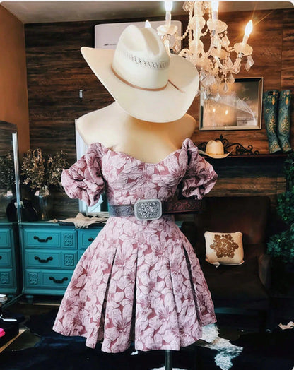 Women's Sweetheart Puff-Sleeve Mini- Textured Fabric, Corset Bodice & Wide Concho Belt, Great For Country.