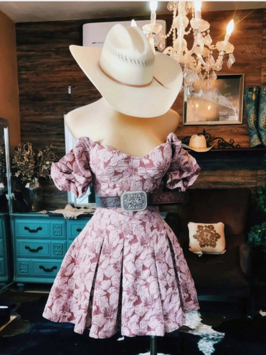 Women's Sweetheart Puff-Sleeve Mini- Textured Fabric, Corset Bodice & Wide Concho Belt, Great For Country.