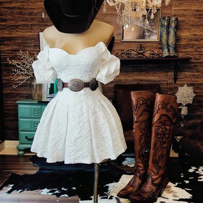 Women's Sweetheart Puff-Sleeve Mini- Textured Fabric, Corset Bodice & Wide Concho Belt, Great For Country.