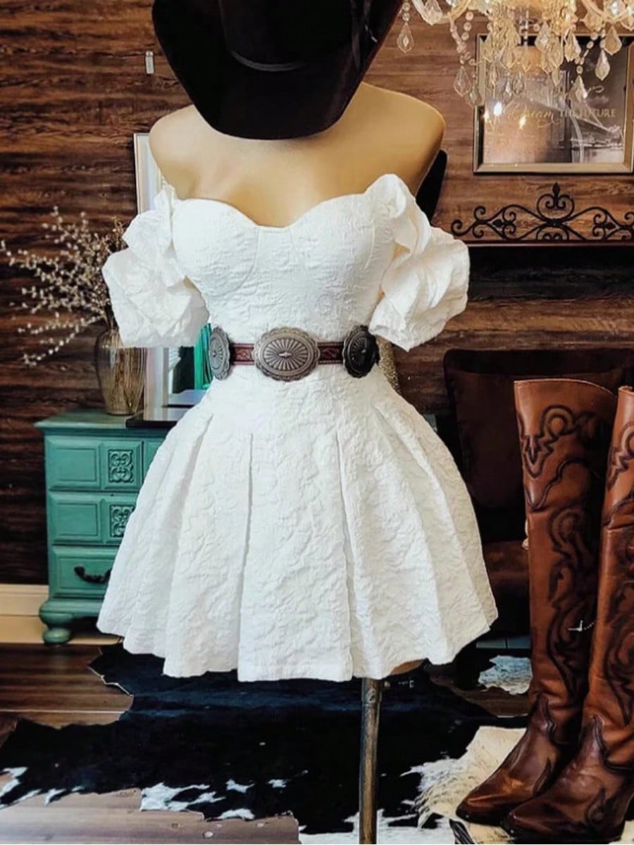 Women's Sweetheart Puff-Sleeve Mini- Textured Fabric, Corset Bodice & Wide Concho Belt, Great For Country.