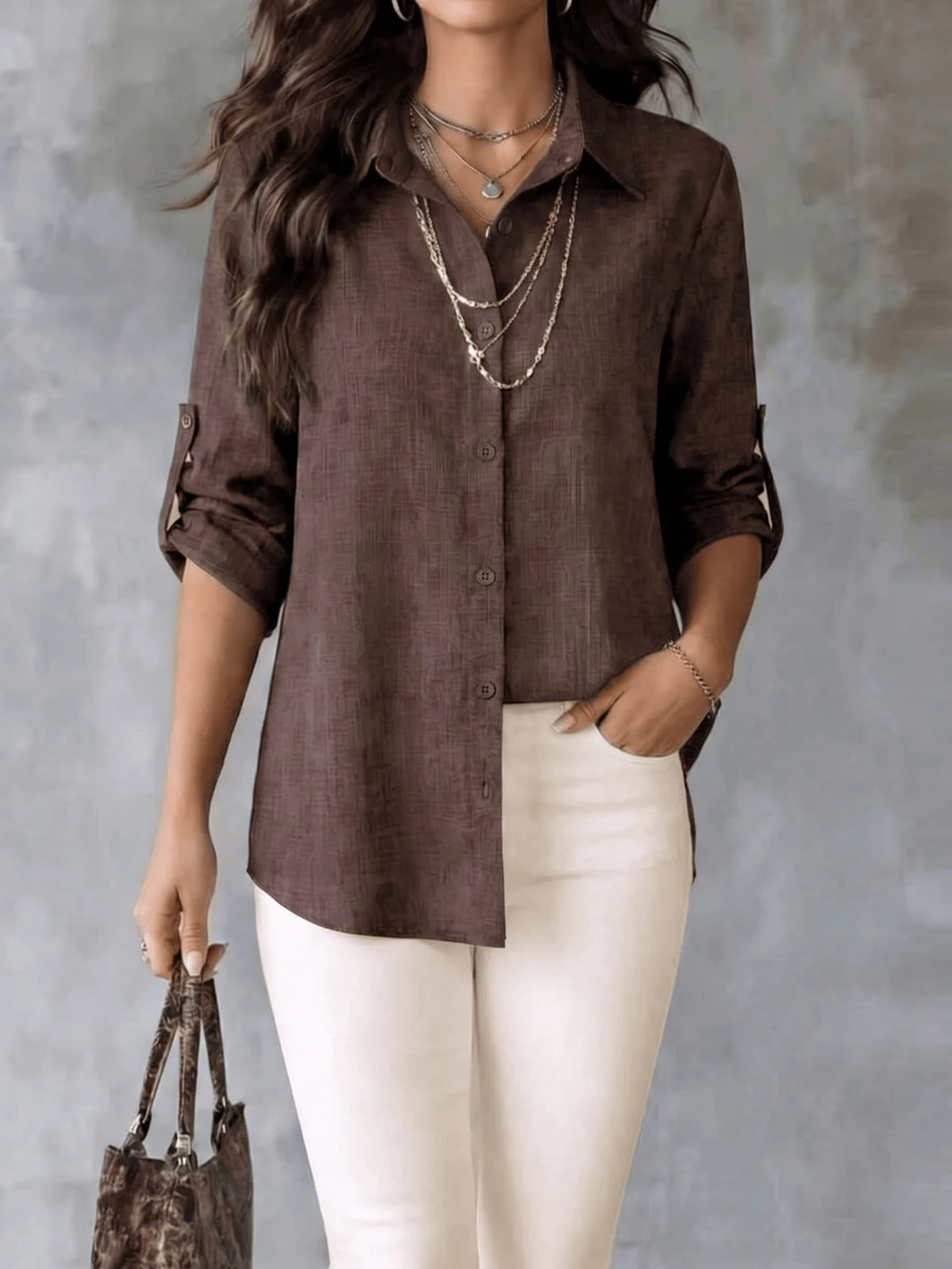 Women's Textured Shirt, Collared, Button Front, Roll-Up Long Sleeves And Curved High-Low Hem, Casual Office Wear For Spring & Autumn, Fashion Women Long Sleeve Shirt Blouse With Asymmetric Hem, Classi