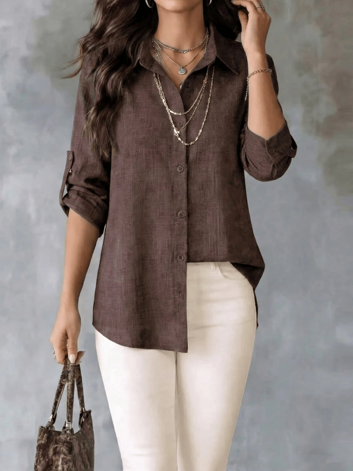 Women's Textured Shirt, Collared, Button Front, Roll-Up Long Sleeves And Curved High-Low Hem, Casual Office Wear For Spring & Autumn, Fashion Women Long Sleeve Shirt Blouse With Asymmetric Hem, Classi