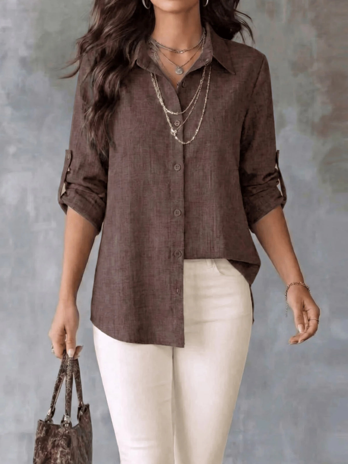 Women's Textured Shirt, Collared, Button Front, Roll-Up Long Sleeves And Curved High-Low Hem, Casual Office Wear For Spring & Autumn, Fashion Women Long Sleeve Shirt Blouse With Asymmetric Hem, Classi