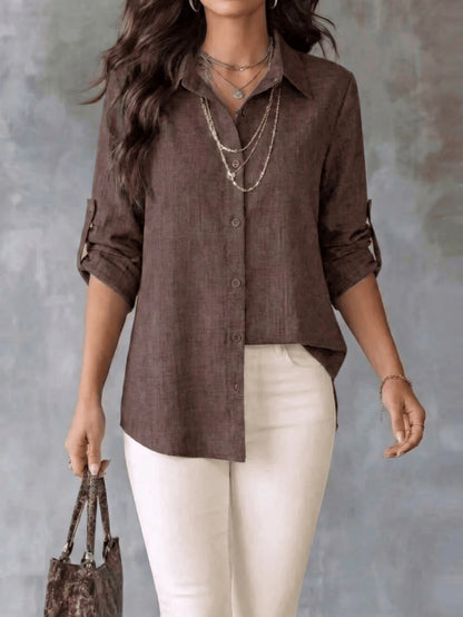 Women's Textured Shirt, Collared, Button Front, Roll-Up Long Sleeves And Curved High-Low Hem, Casual Office Wear For Spring & Autumn, Fashion Women Long Sleeve Shirt Blouse With Asymmetric Hem, Classi