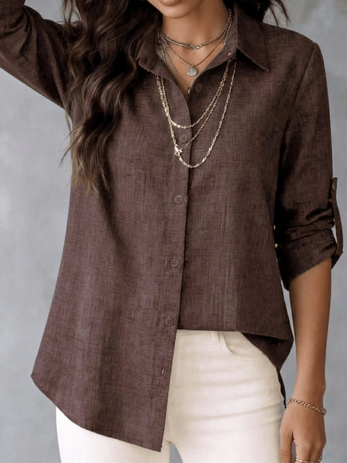 Women's Textured Shirt, Collared, Button Front, Roll-Up Long Sleeves And Curved High-Low Hem, Casual Office Wear For Spring & Autumn, Fashion Women Long Sleeve Shirt Blouse With Asymmetric Hem, Classi