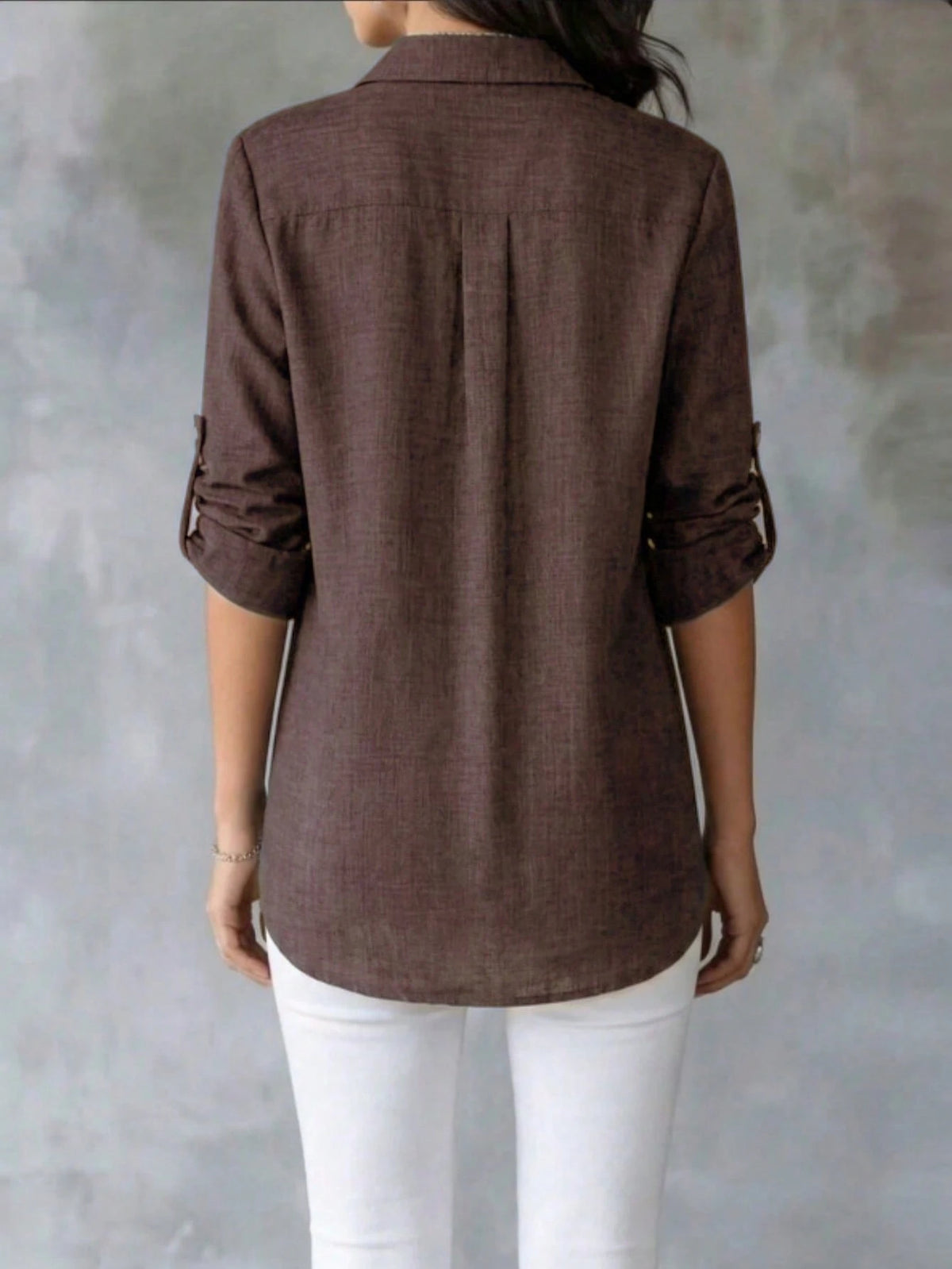 Women's Textured Shirt, Collared, Button Front, Roll-Up Long Sleeves And Curved High-Low Hem, Casual Office Wear For Spring & Autumn, Fashion Women Long Sleeve Shirt Blouse With Asymmetric Hem, Classi