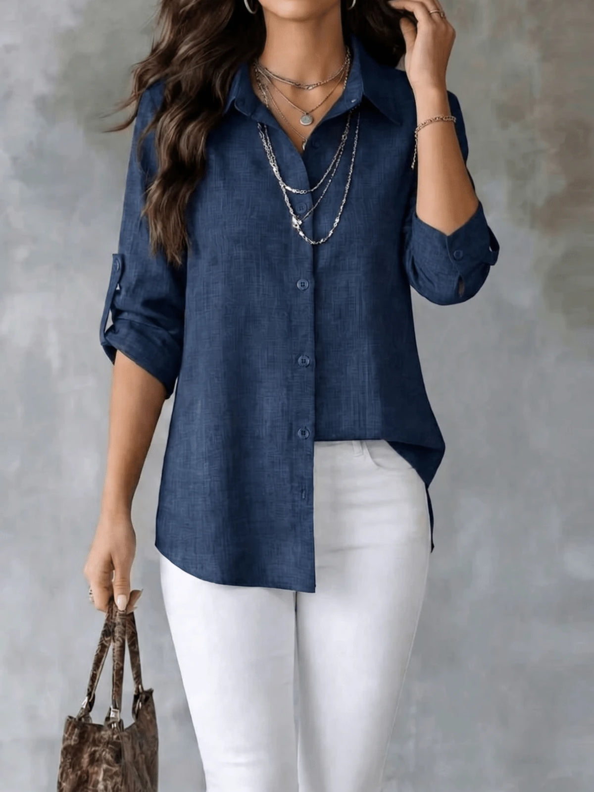 Women's Textured Shirt, Collared, Button Front, Roll-Up Long Sleeves And Curved High-Low Hem, Casual Office Wear For Spring & Autumn, Fashion Women Long Sleeve Shirt Blouse With Asymmetric Hem, Classi